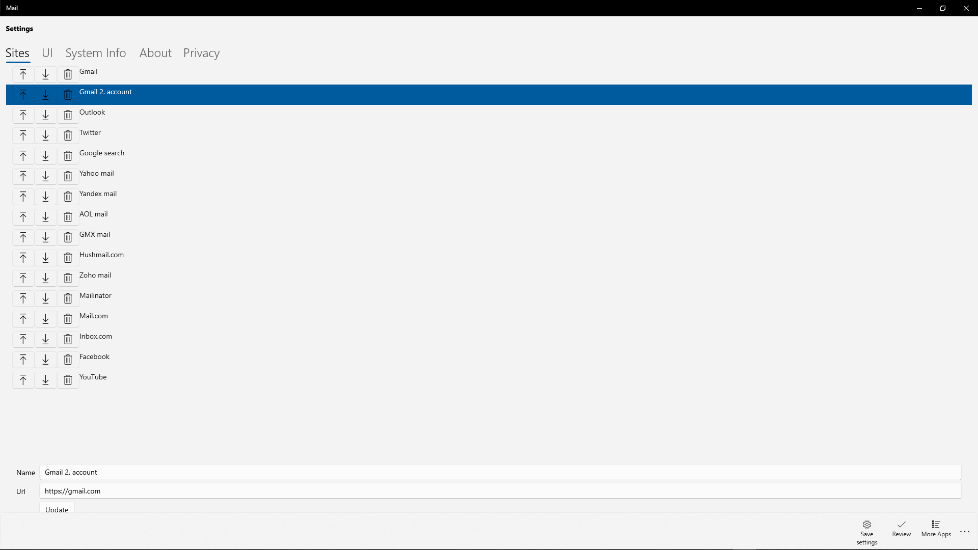 In the Site Settings you can reorder, delete, add new or rename your email providers.